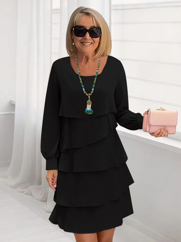 

Spring and Autumn New Women's Dress Long Sleeves O-neck Layered Pullover Red Simple Elegant Black Mini Skirt for Female