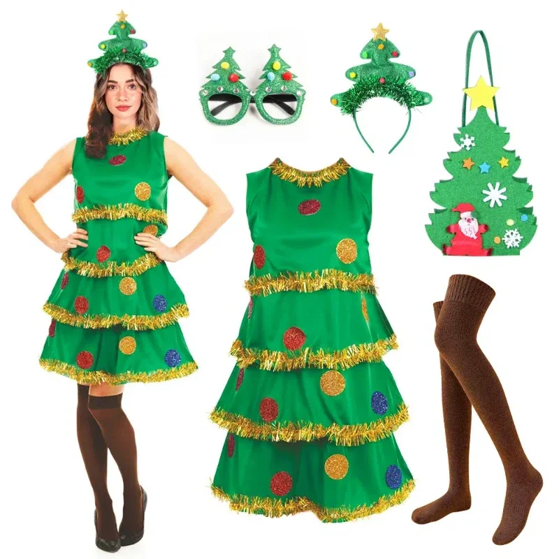 

Ladies' Christmas Tree Role-playing Costume Green Pleated Sleeveless Dress Headband Socks Fancy Set Christmas Adult Outfit