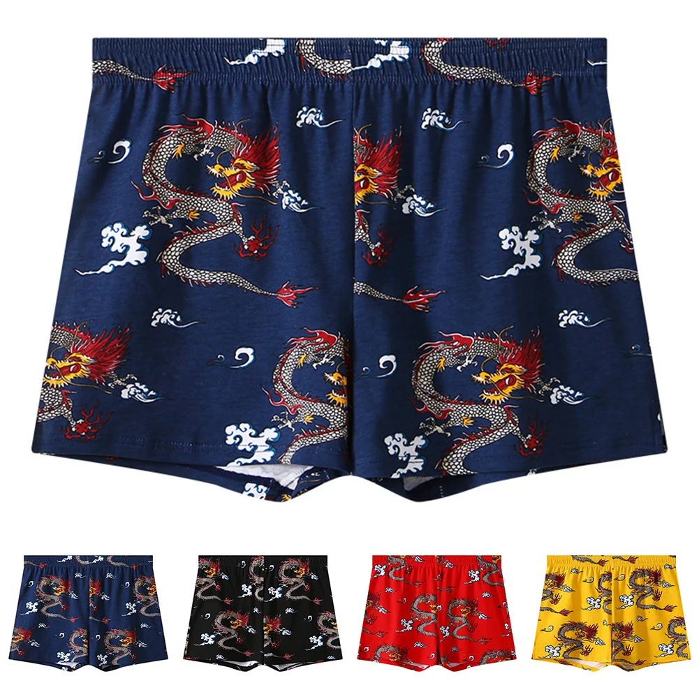 سروال داخلي للرجال مطبوع عليه تنين جيد التهوية ، ملابس داخلية قطنية ، سراويل داخلية متوسطة الخصر ، ملابس داخلية فضفاضة قصيرة ، شورت عصري