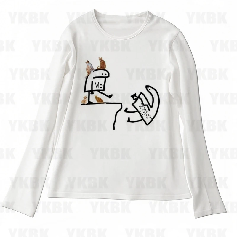 Bedrucktes Langarm-Tanktop T-Shirt Y2K Lässiges Kitty-Design für Damen Niedliches Punk Crop Top Harajuku Mode Weste Tee 90er Street Outfits