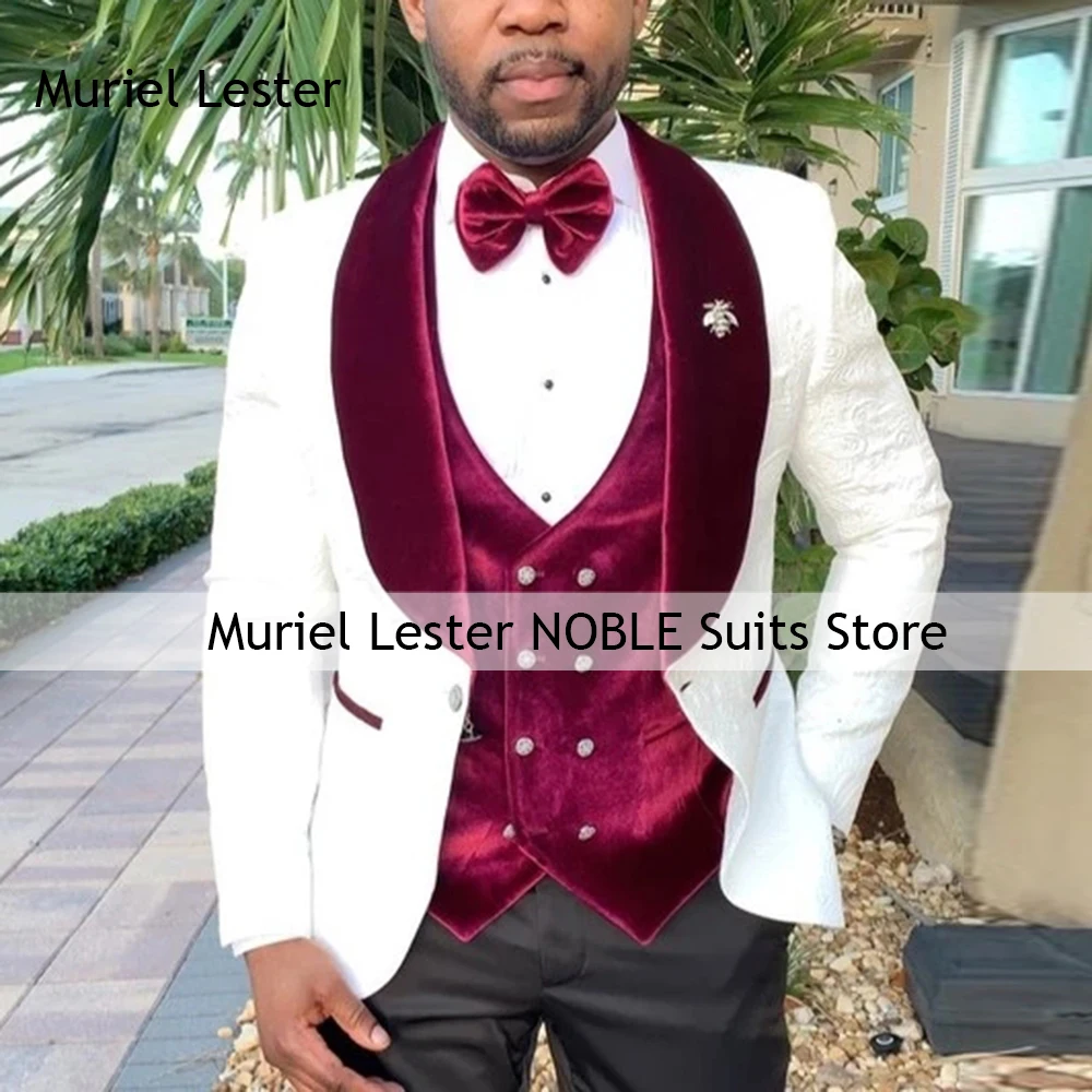 

Jacquard Wedding Suits For Men Elegant Banquet Male Party Dress Velvet Lapel Blazer Vest Pants 3 Pieces Set Customized Clothing