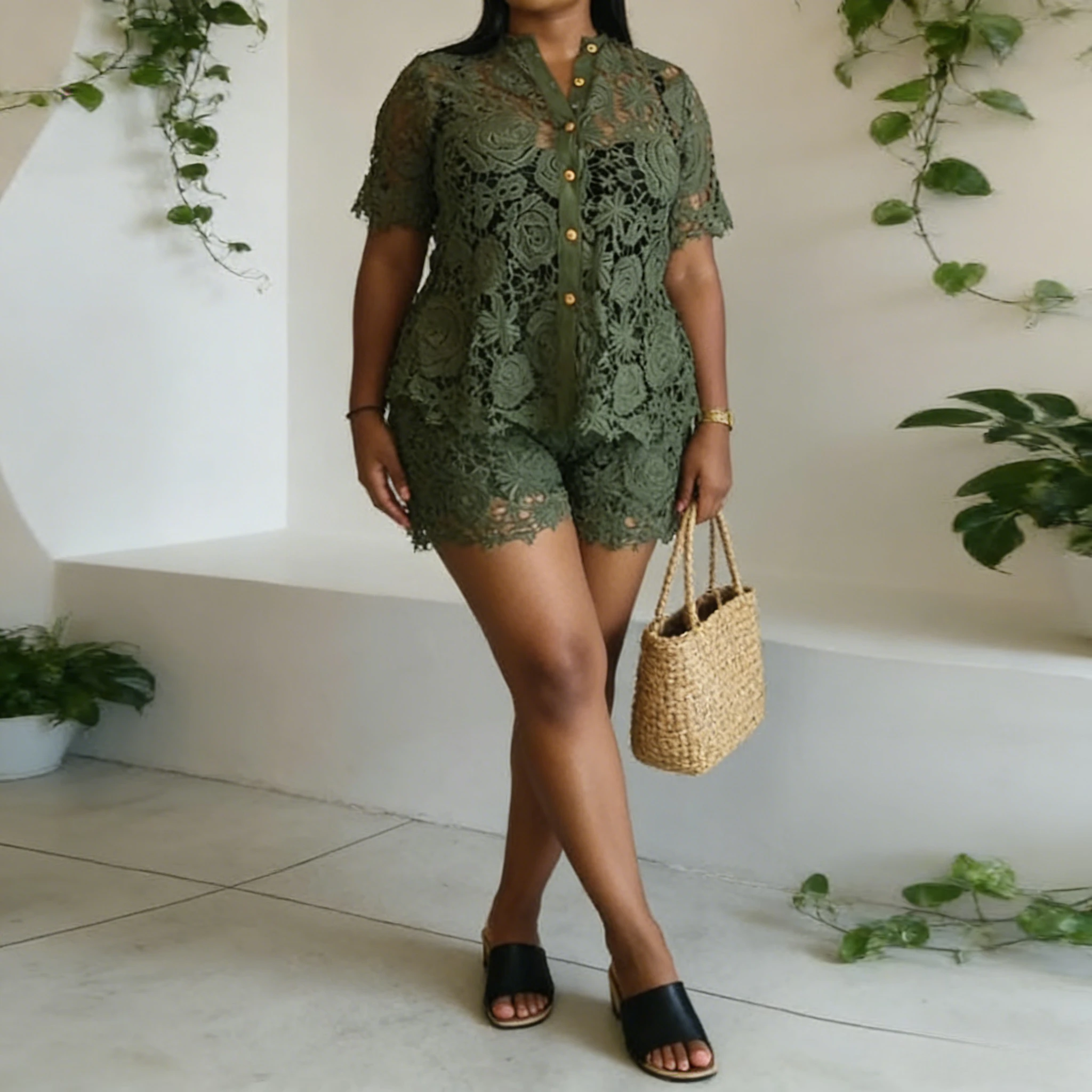 

Shorts Pant Set Women Two Piece Sets Stand Collar Hollow Out Shirt Tops Short Pants Elastic Waist Y2k Streetwear Sweet 2026