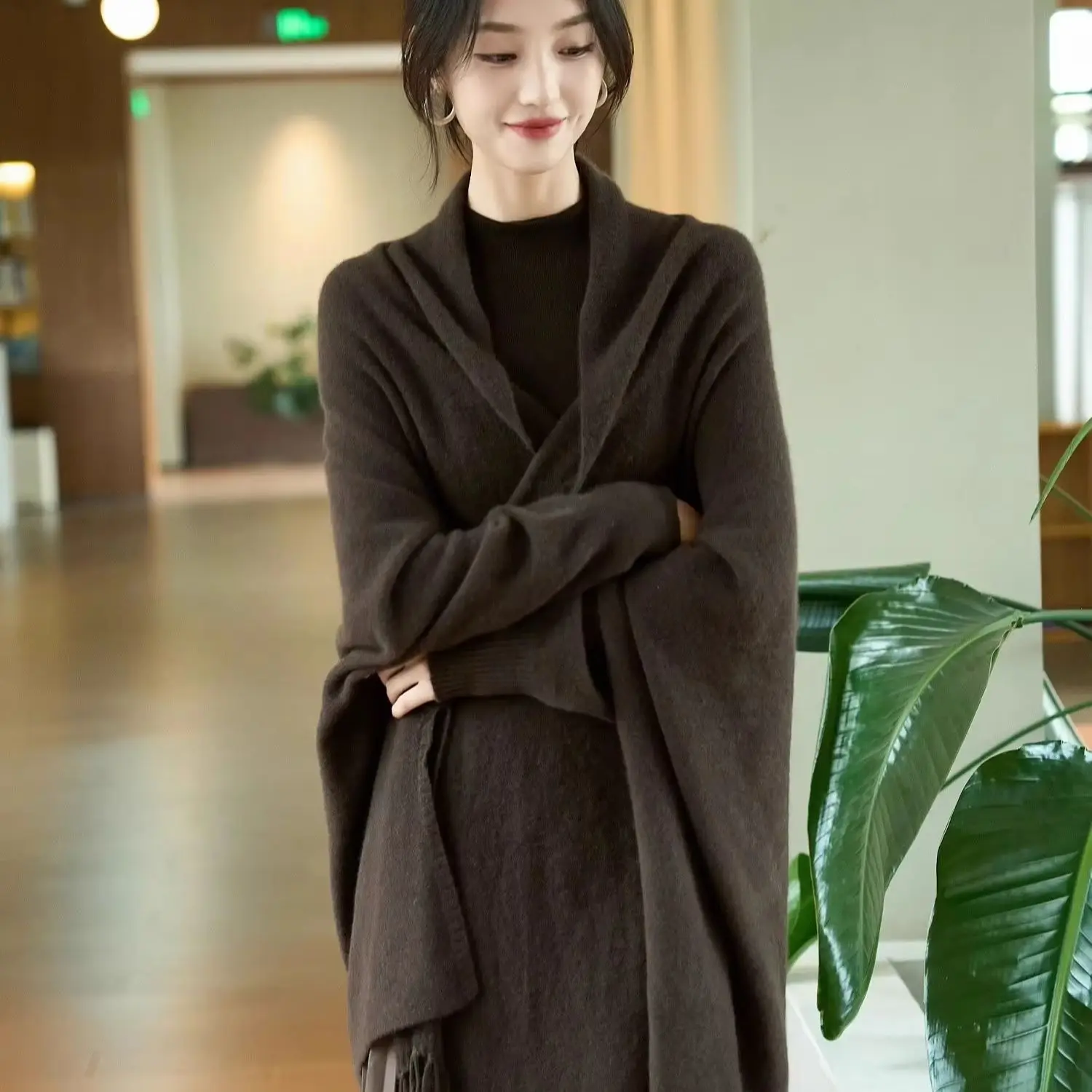 100% pure cashmere shawl fringed bat sleeve cloak coat temperament plus wide scarf cardigan