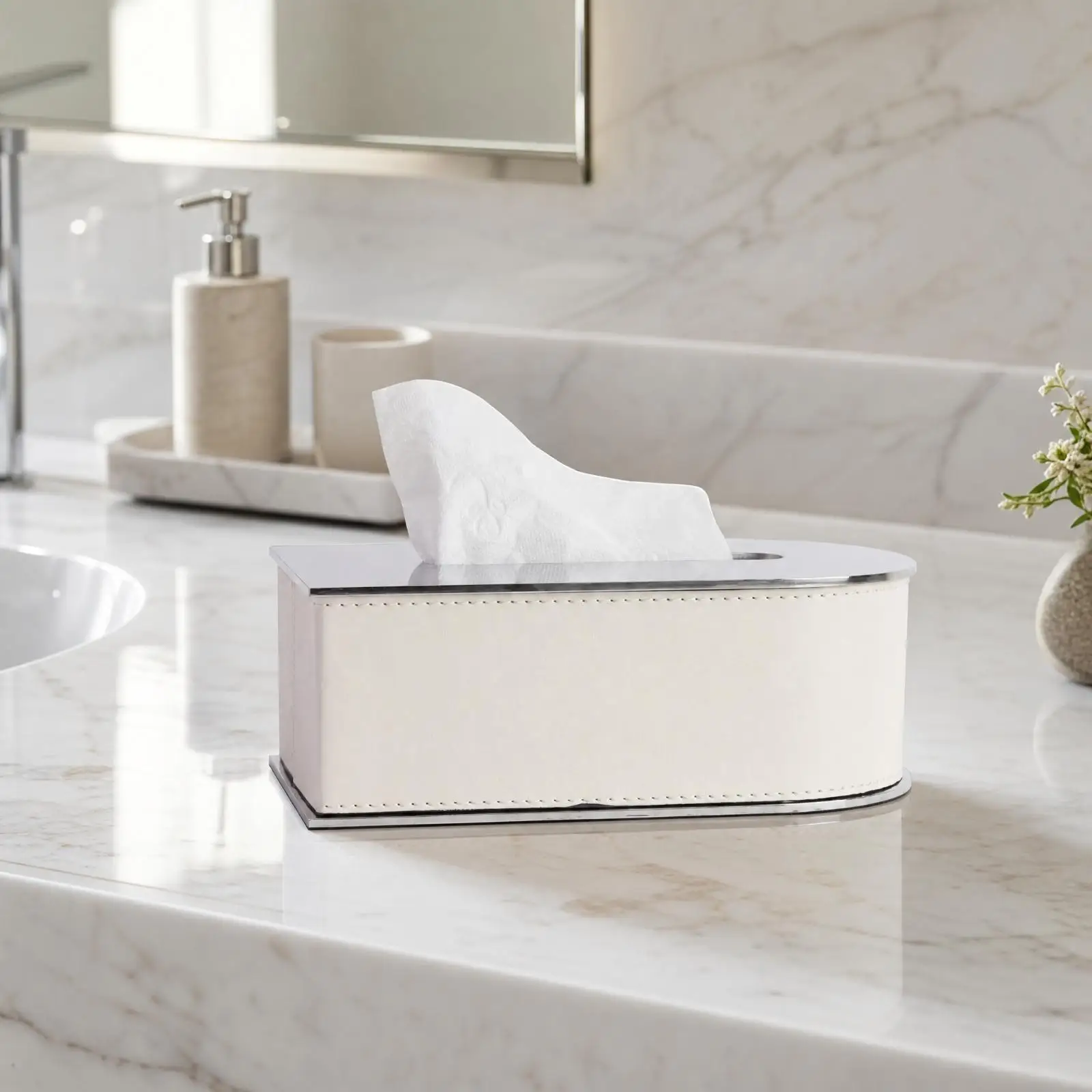Compact Stainless Steel Tissue Box Container Oval Hole Dispenser Holder for Desk Vanity Small Space Storage