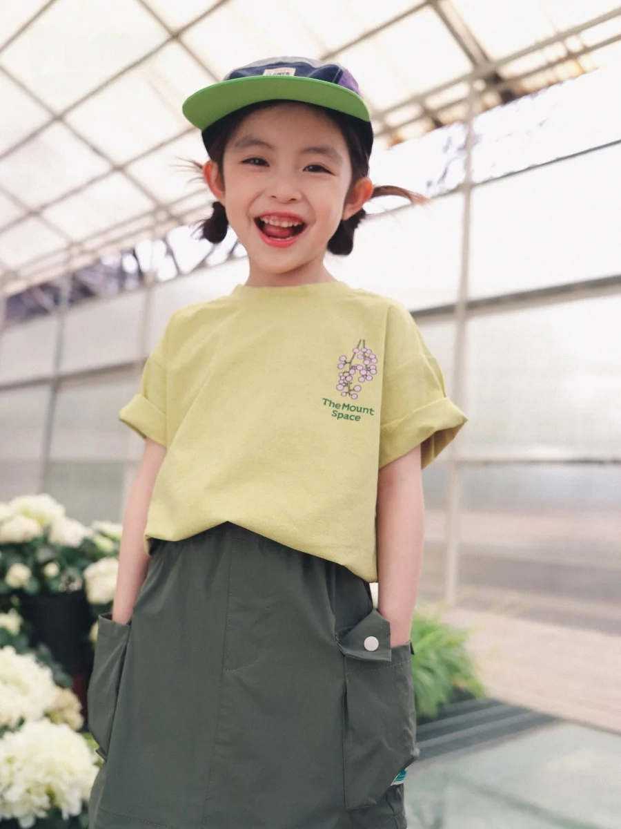Cute Girl's Short Sleeve T-Shirt Summer New Outdoor Plant Print Camping Top Breathable Composite Elastic Fiber Standard Fit