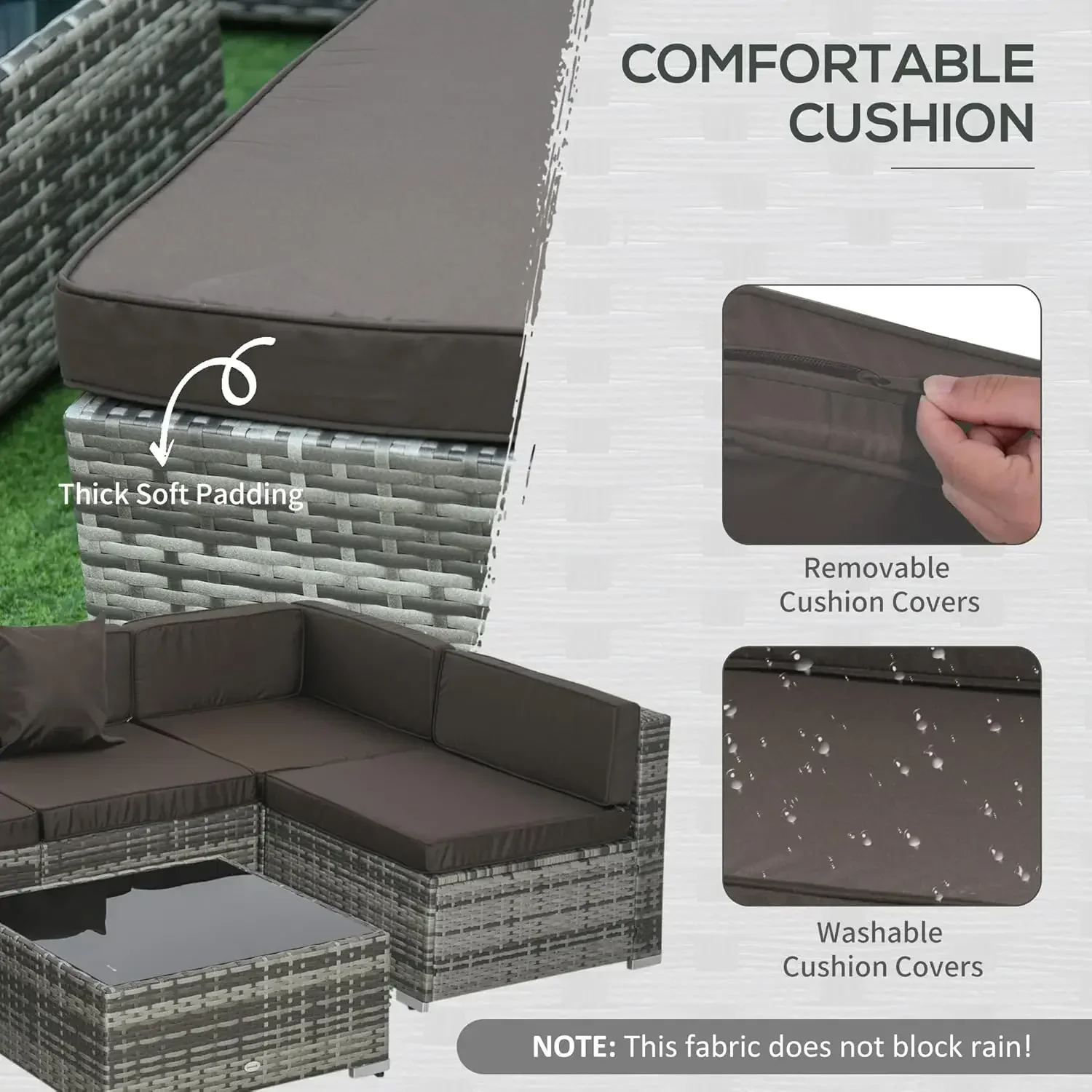 Set furnitur teras 7 buah, Set Sofa anyaman luar ruangan dengan Bantal & meja Tempered Glass, arang