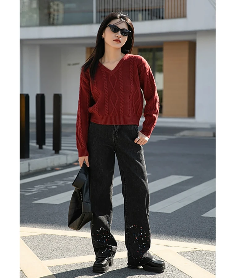 Christmas, autumn and winter 100 pure mountain cashmere sweater female V-neck loose short knit bottoming shirt Animal year red s