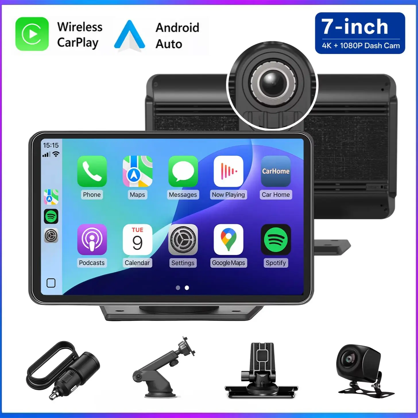 Przenośny 7-calowy ekran CarPlay, Android Auto, kamera samochodowa 4K, kamera cofania, nawigacja, Bluetooth, funkcja Mirror Link, sterowanie głosowe, karta TF 64 GB do samochodu. — 2
