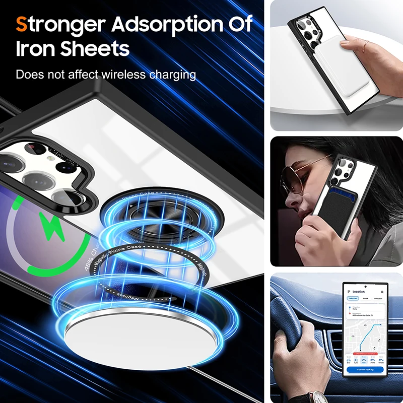 For Magsafe 360 ° Rotating Car Holder Ring Transparent Shockproof Phone Case For Samsung S24 S23 Ultra Plus FE Bumper Back Cover