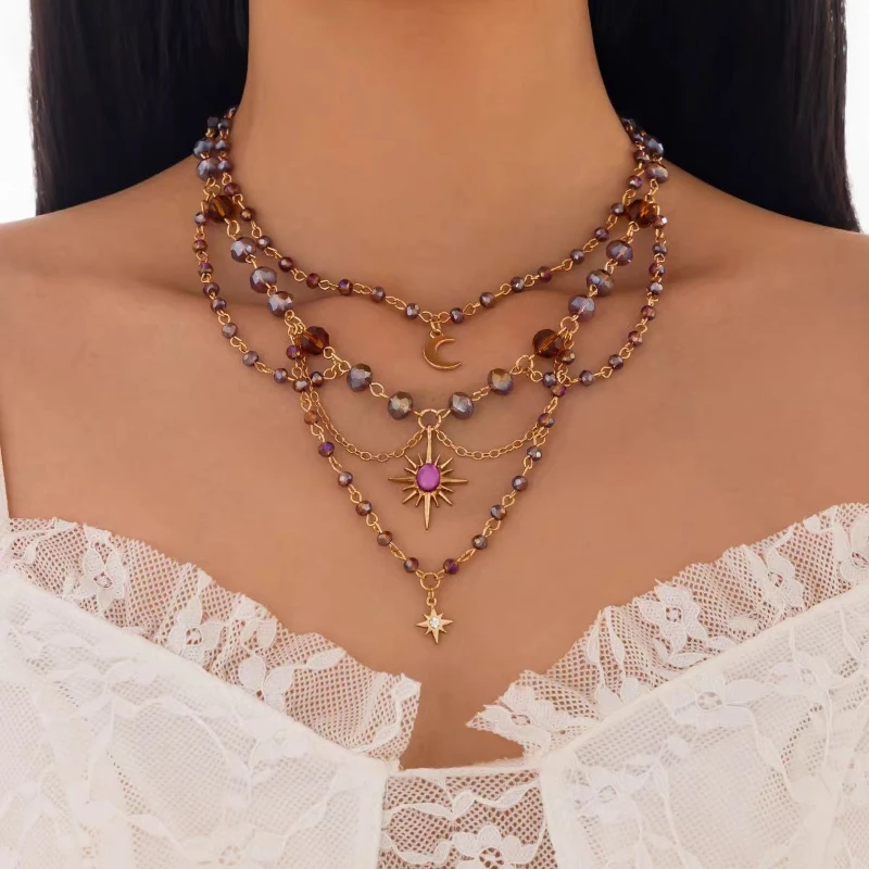 Vintage and Trendy Chain Bead Moon Pendant with Multiple Layers of Necklace, Women's Y2k Personalized Holiday Party Accessories