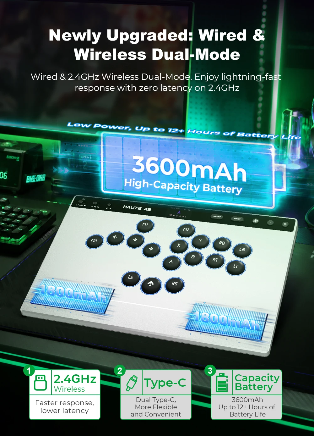 Haute42 W-P1 Tri-Mode 2.4G Kabelloser Touchscreen-Controller ohne Hebel für PC/PS4/PS5/Switch Stickless Arcade-Controller – Detail 38