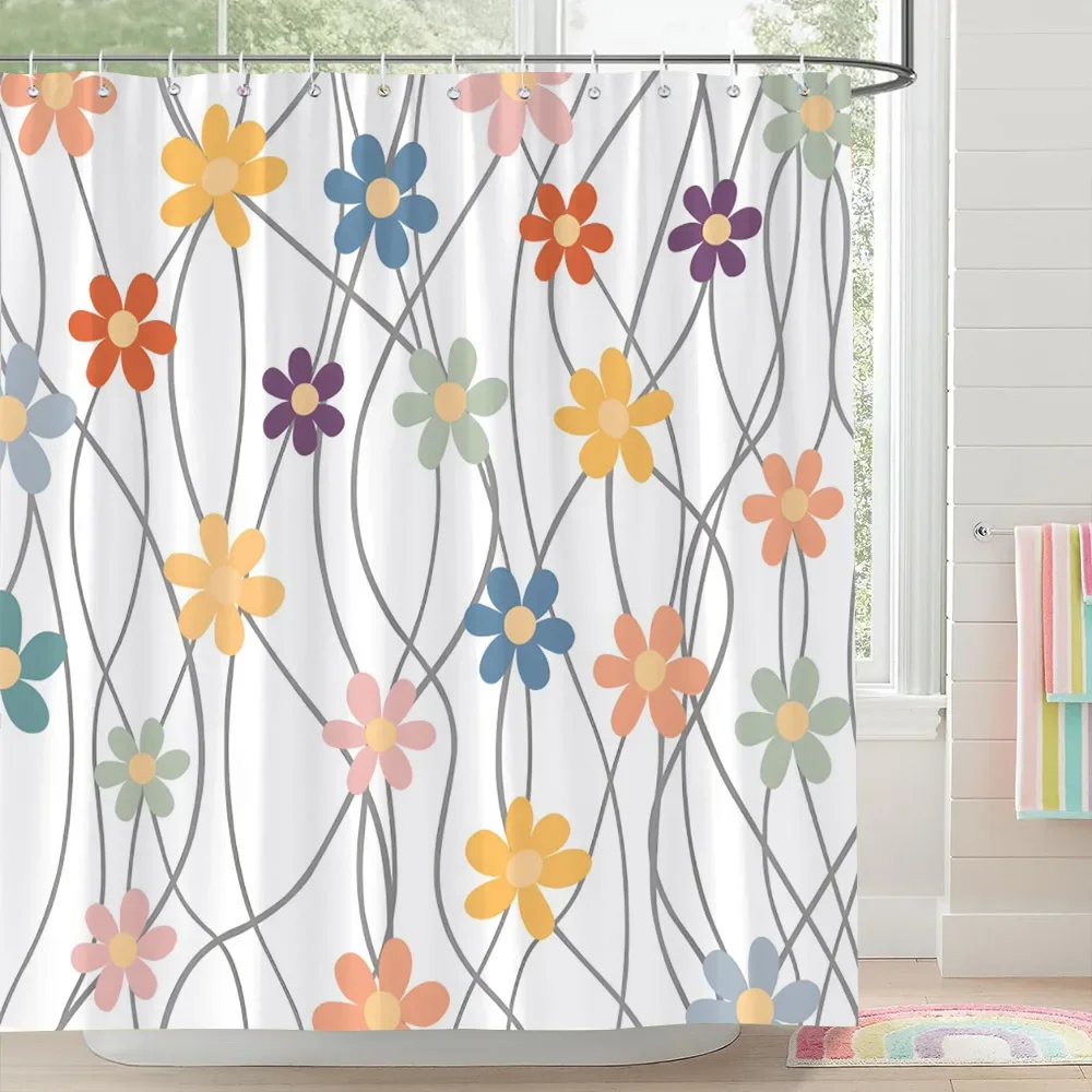 Colourful Flower Shower Curtain Geometric Lines Square Fresh Elegant Polyester Kids Shower Curtains Bathroom Decor With Hooks