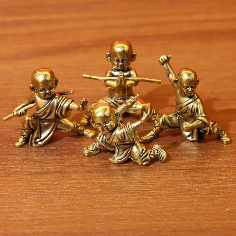 Vintage Brass Kung Fu Shaolin Little Monk Mini Figurines, Chinese Traditional Desktop Decor Statues