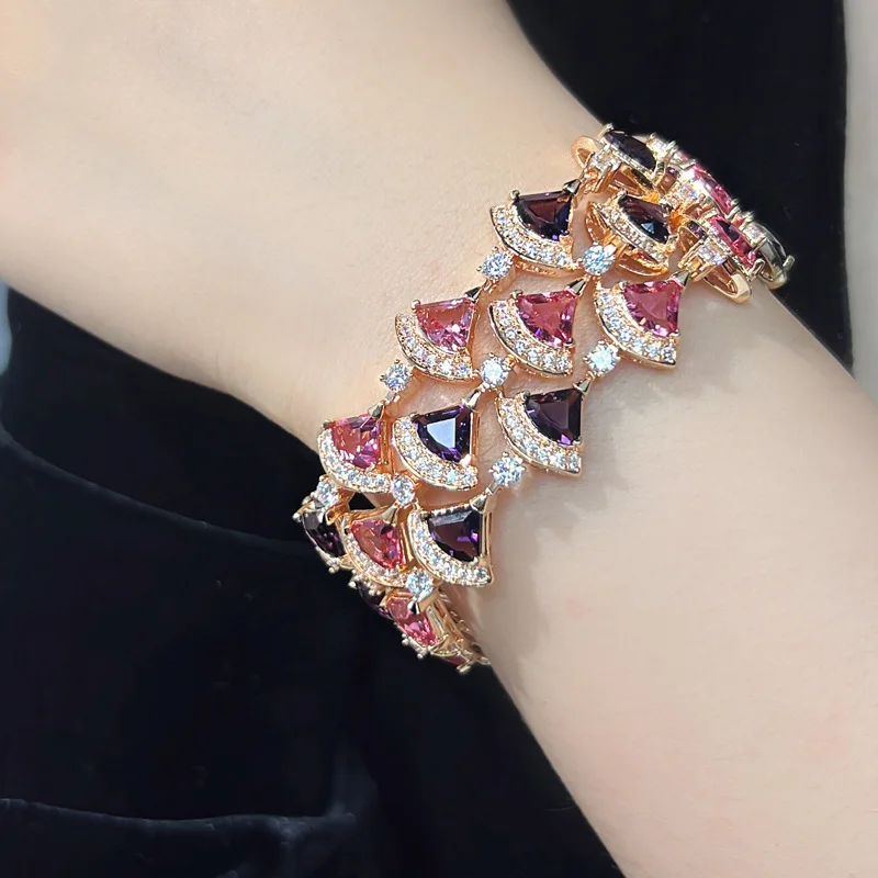 Pink Purple Gradient CZ Bracelet Fan Shape Layered Luxury Women's Jewelry