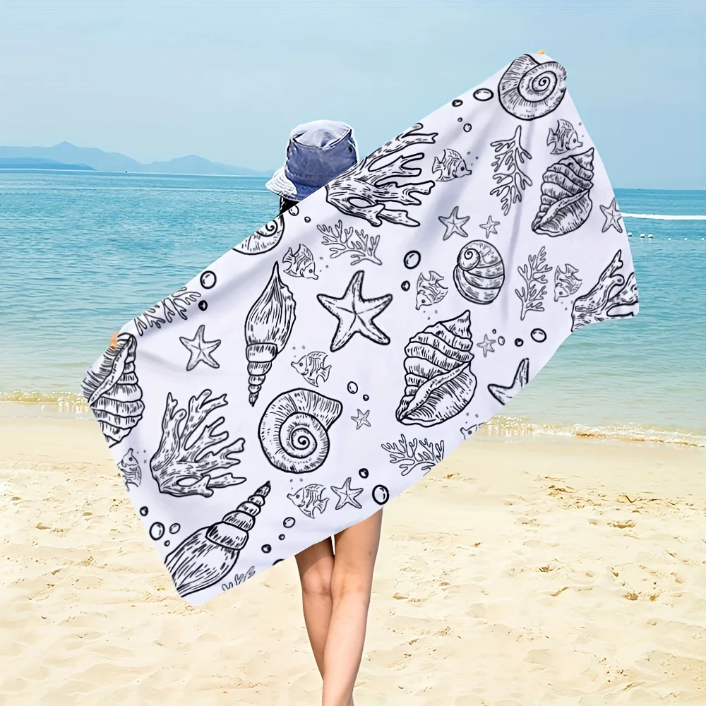 Starfish Seashell Coral Pattern Microfiber Beach Towel, Quick Dry Absorbent Lightweight for Beach Camping Travel Holiday Gift