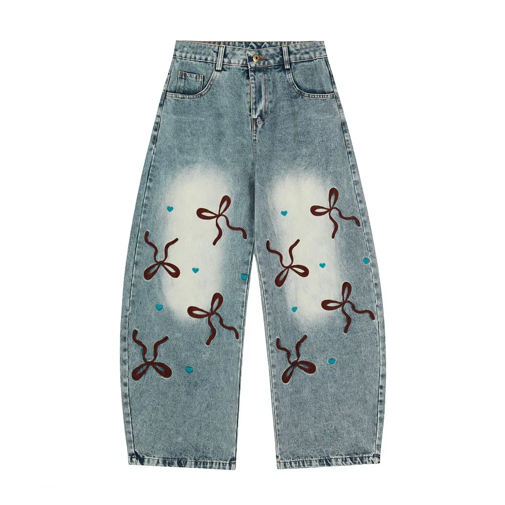 Bleached Washed Embroidery Retro Chinese Knots Hearts Goth Jeans Pants Trousers for Women Grils Streetwear Grunge Winter Spring