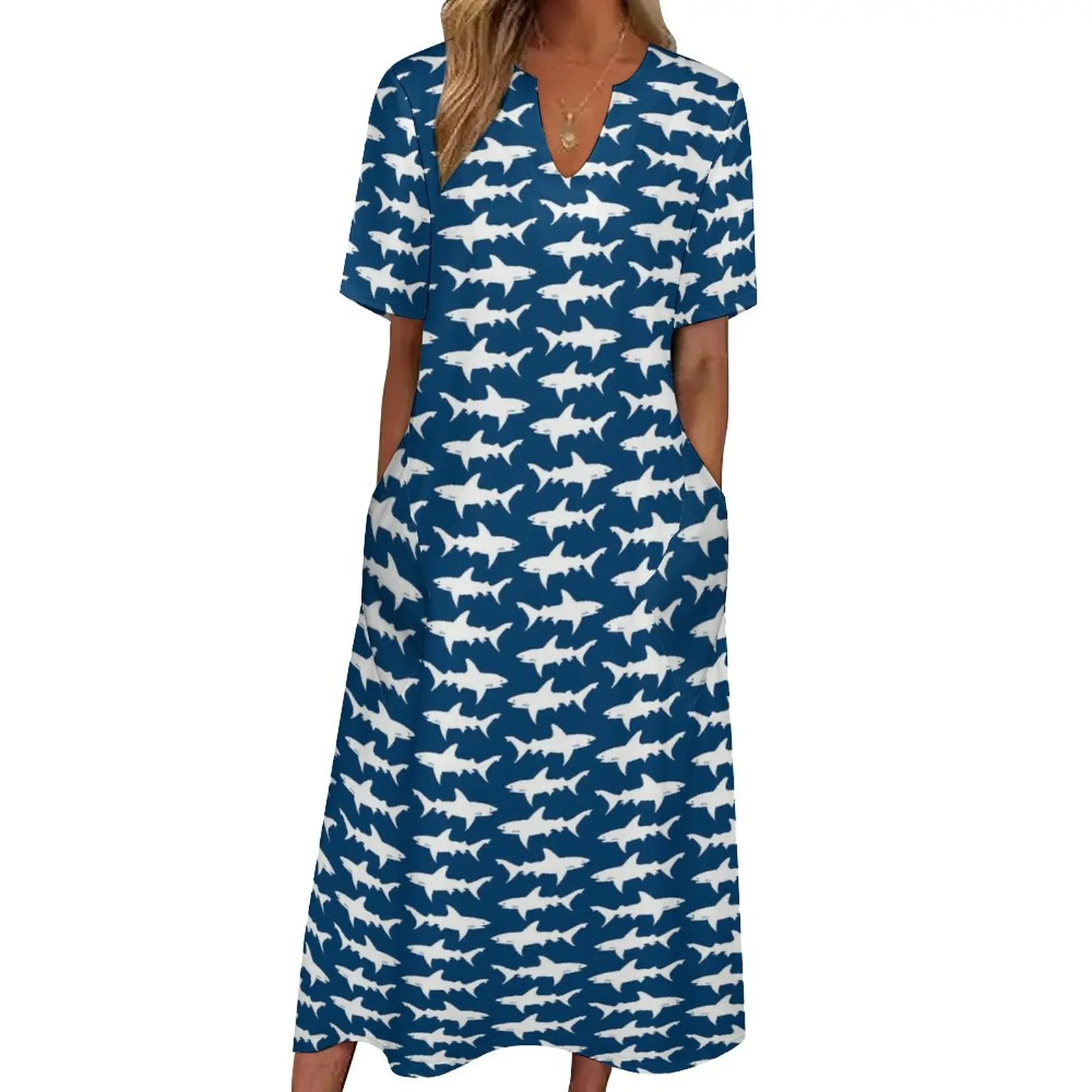 School of Shark Dress Blue and White Ocean Trendy Maxi Dress Fashion Bohemia Long Dresses Woman V Neck Design Big Size Vestido