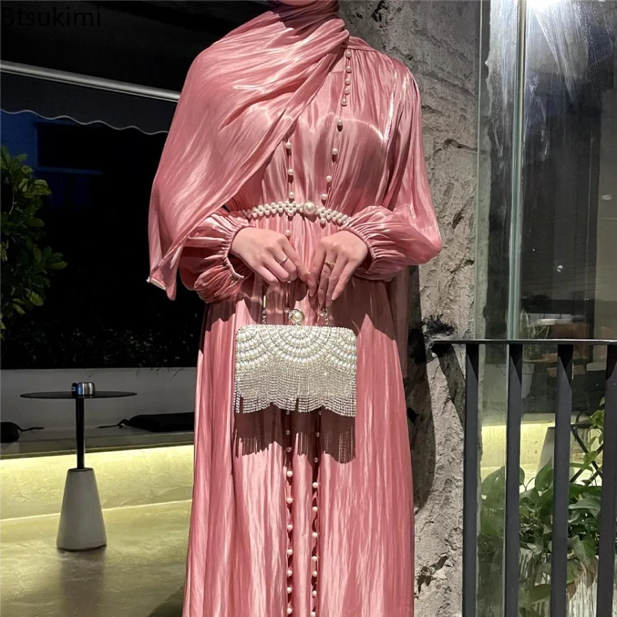 Donne Eid Musulmano Abaya Manica Lanterna Splendido Vestito Da Partito Solido Perle Abito Lungo Dubai Abaya Caftano Streamer Filato Abiti