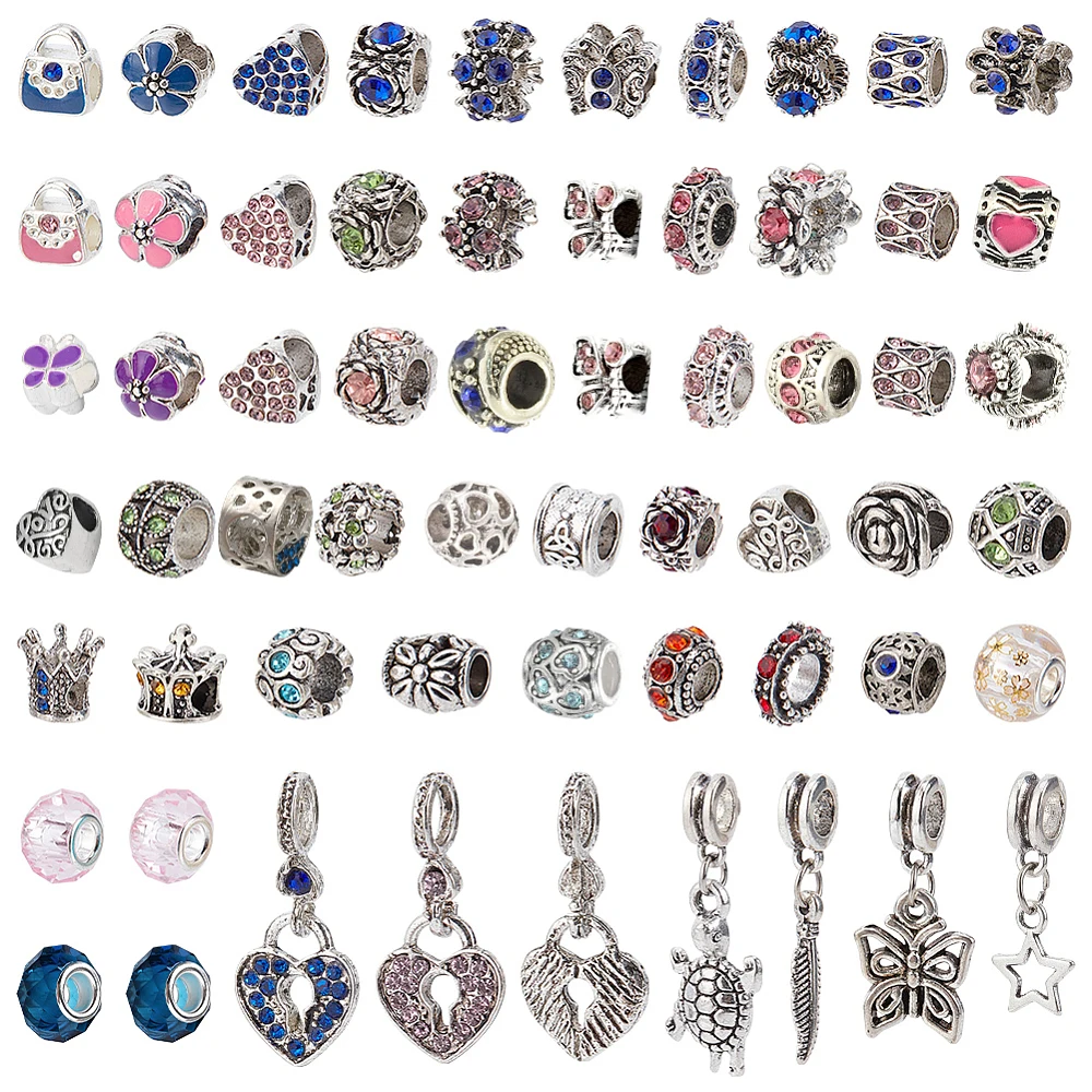 60 Styles Large Hole European Lampwork Beads Murano Glass Beads Rhinestone Spacers Metal Dangle Pendant Charms for Snake Chain