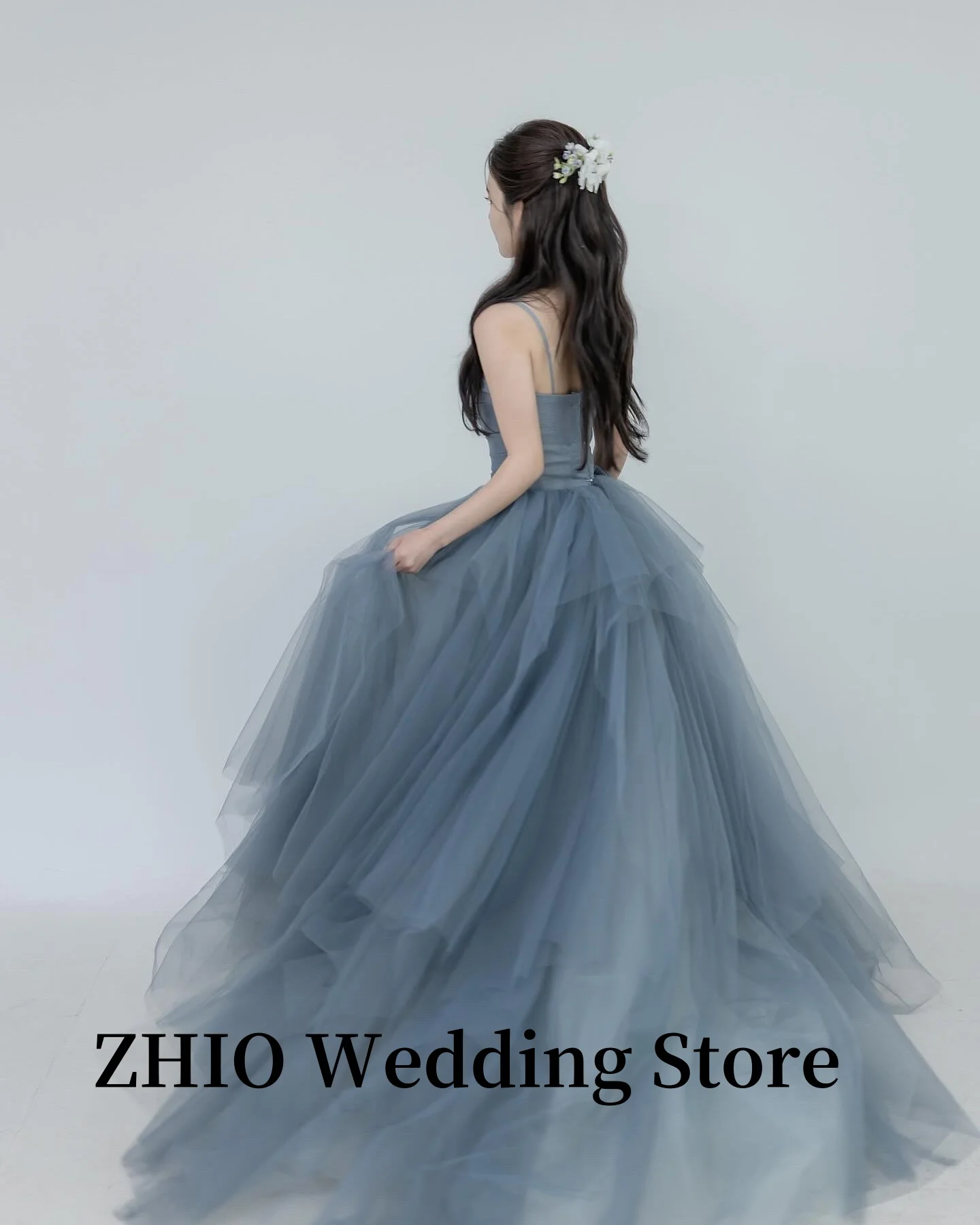 ZHIO Dusty Blue Tulle Wedding Party Dresses Korea Photo shoot A Line Spaghetti Straps Evening Gowns Formal Occasion Customized