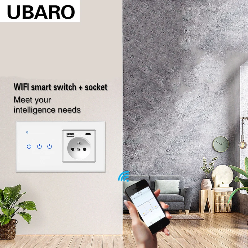 146*86mm FR Smart Home Tuya Wifi Switch Socket Glass Panel Inteligente Sensor Button Work With Google Home Alexa Alice Voice