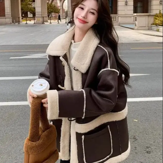 Korea Retro Imitation Suede Fur One-Piece Lambswool Coat Women Winter New Plus Velvet Thickened Fur Coat