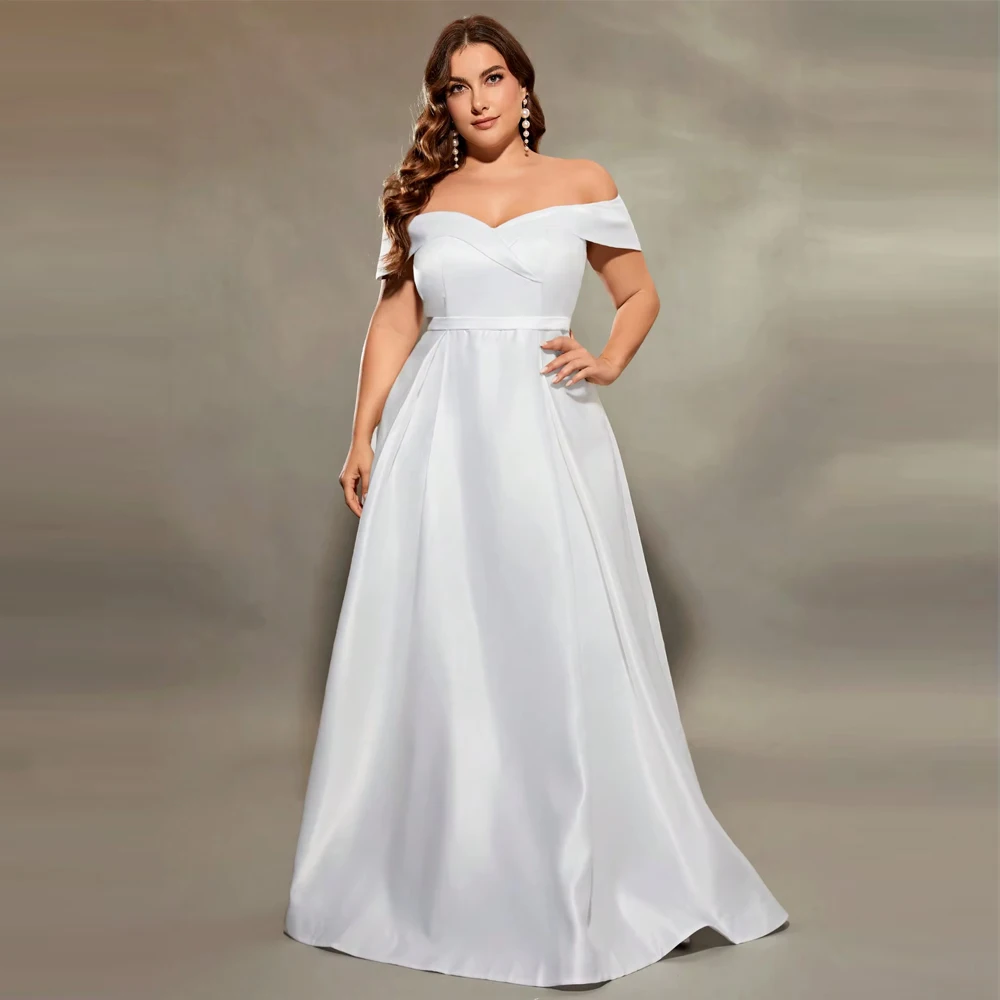 Customized Plus Size Line Neck Irregular Cross Satin Wedding Gown Full Skirt Evening Party Dress Bridesmaid Bridal Gown