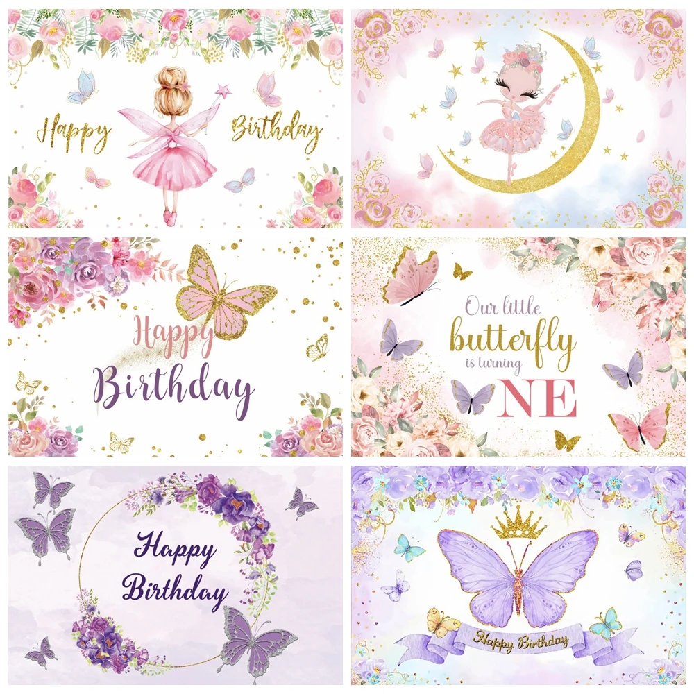 

Butterfly Baby 1st Birthday Party Backdrop Flower Rainbow Princess Girls Newborn Baby Shower Photography Background Photo Studio