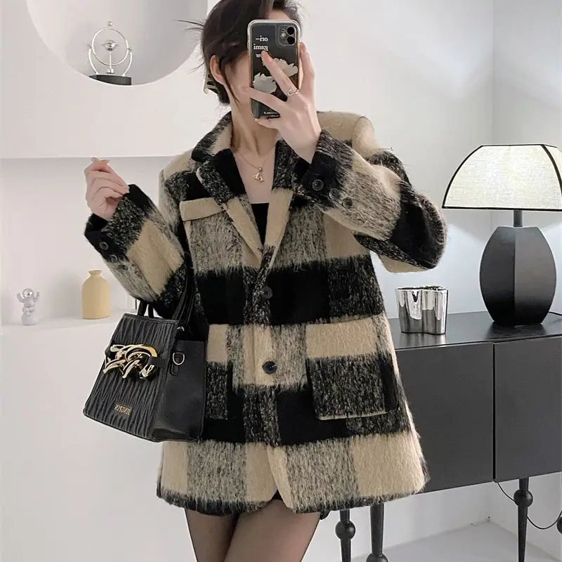 Women's Tops Plaid Small Fragrant Wind Jacket Cotton Wool Coat Autumn and Winter Plaid Thickening Small Suit Retro Quite Broad S