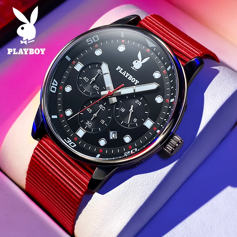 PLAYBOY 3072 Quartz Movement Multifunction Watch For Men Cool Wristband Nylon Strap Timing Calendar Window Luminous Watch