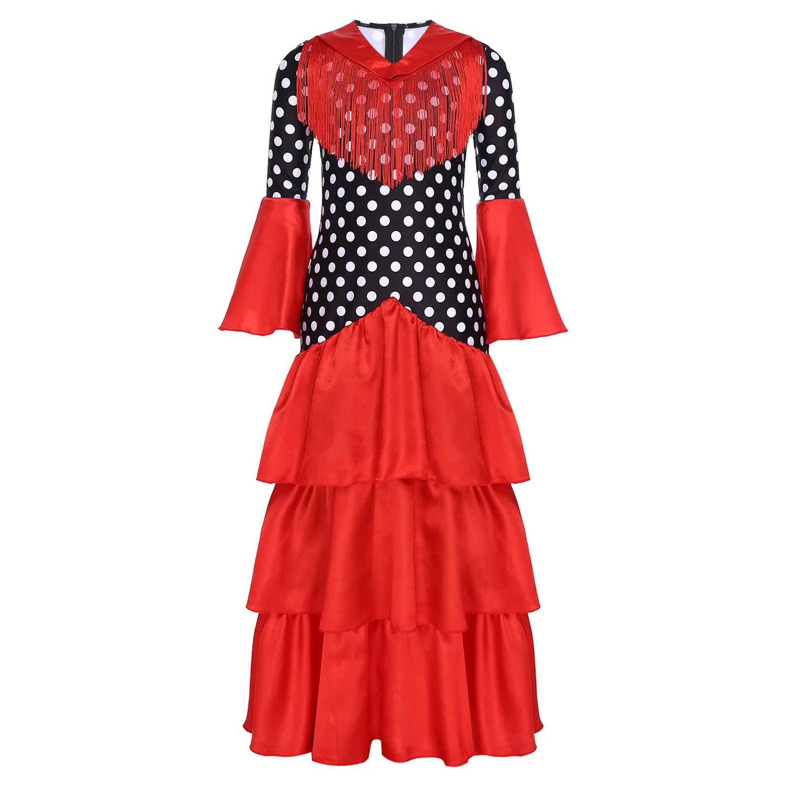 Kids Girls Flamenco Dance Performance Costume Flared Sleeve Tassel Tiered Ruffle Polka Dots Print Dress for Halloween carnival