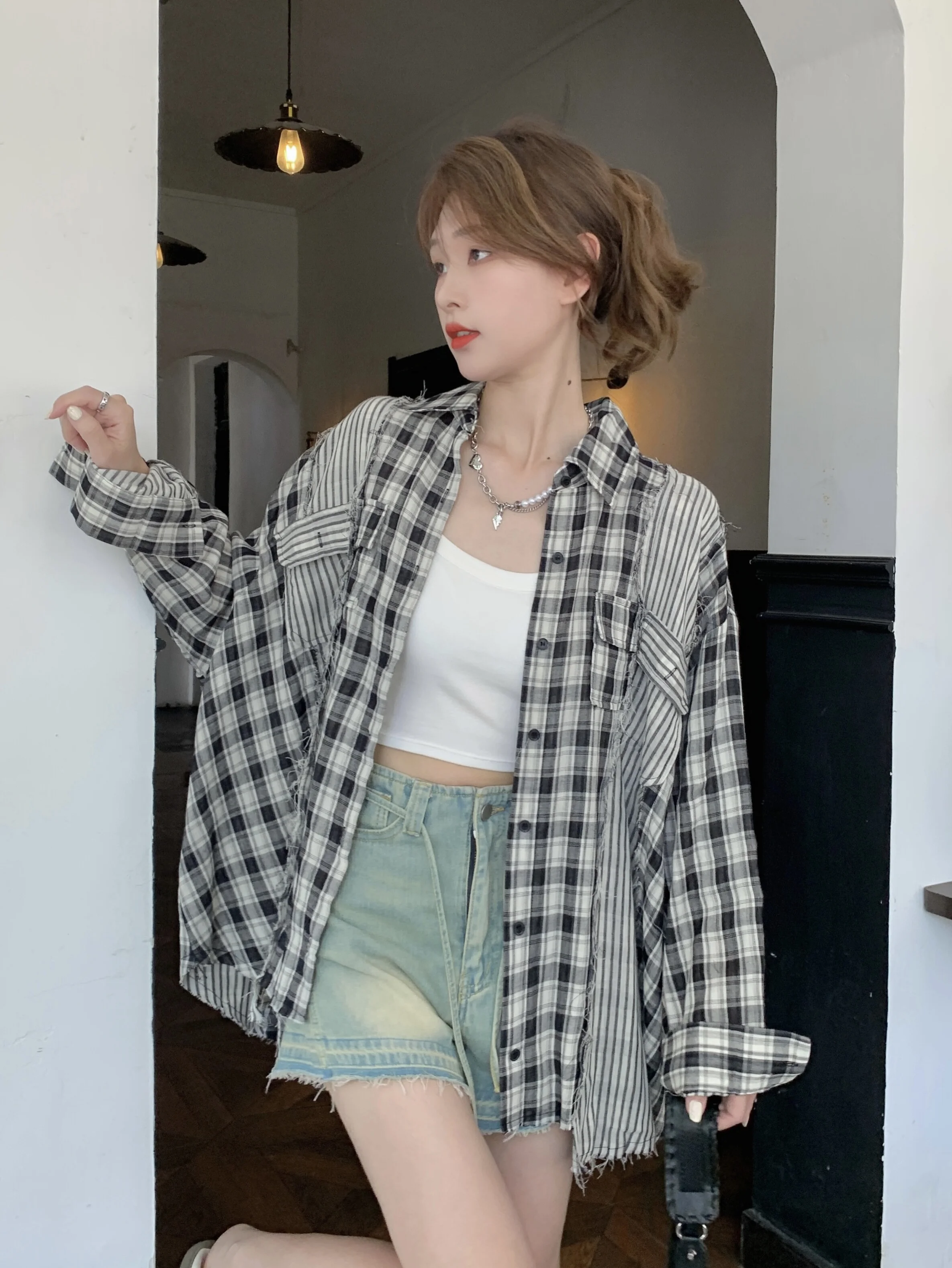 Vintage Patchwork Plaid Shirts Women Autumn Long Sleeve Oversize Button Up Shirt Korean Fashion Casual Fall Outwear Tops 2024