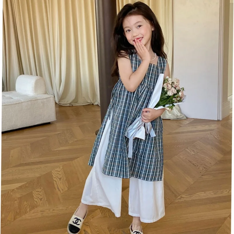 Girls' Suit Summer New Fashionable Plaid Blouse+Wide Leg Trousers2Set Children One Piece Dropshipping