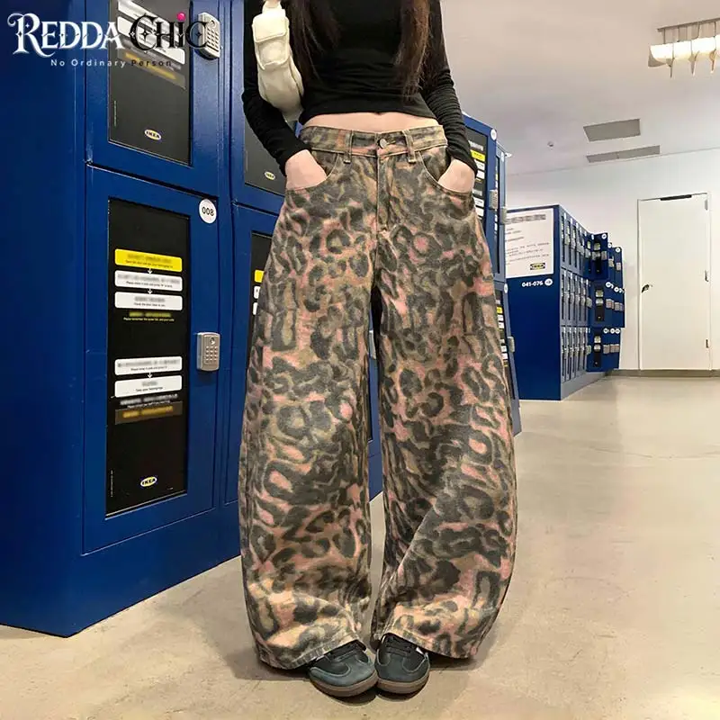 ReddaChic Alternative Pink Leopard Baggy Jeans Hip Hop Loose Low Waist Oversized Carrot Fit Denim Pants Retro Woman Streetwear