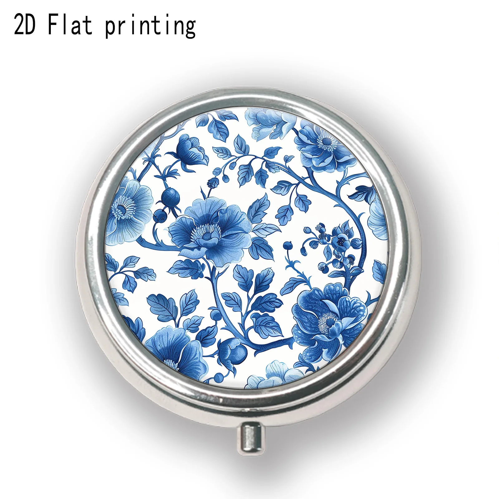 White Background with Blue and White Floral Peony Designs in Chinese Style, Hand-Painted Porcelain-Style Round Pill Box, Mini Pill Box, Multi-Compartment Medication Storage Box, Portable Household Storage Box, Suitable for Wallet Travel, Unique Gift