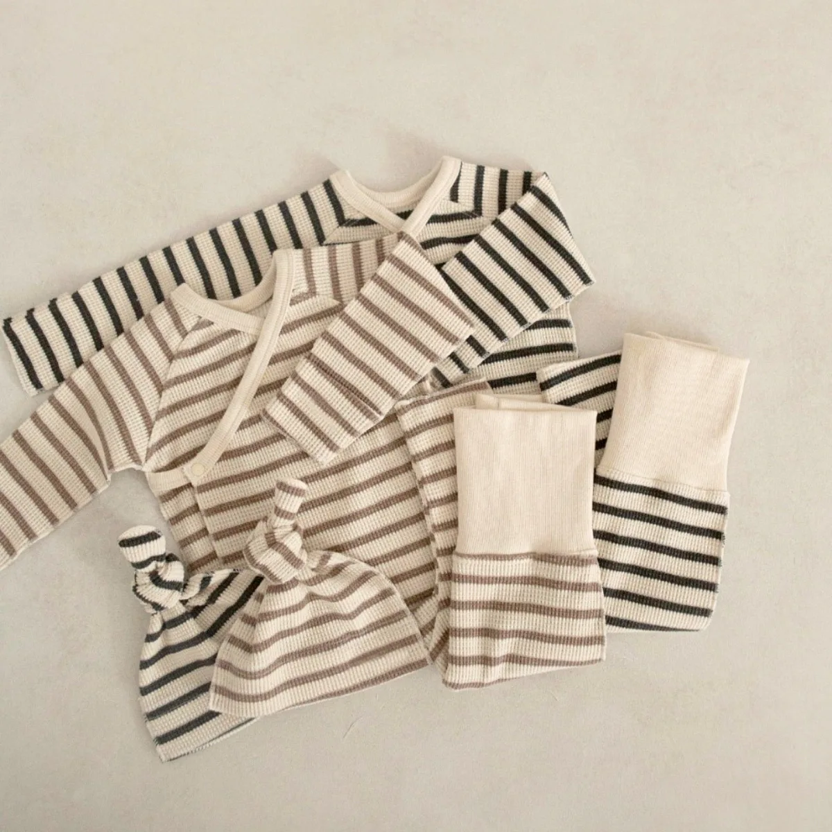 Spring New Striped Waffle Baby Boy's Suit Top+High Waist PP Pants Or Hat Toddler Home Suit 8490 Baby Clothing Set 2026