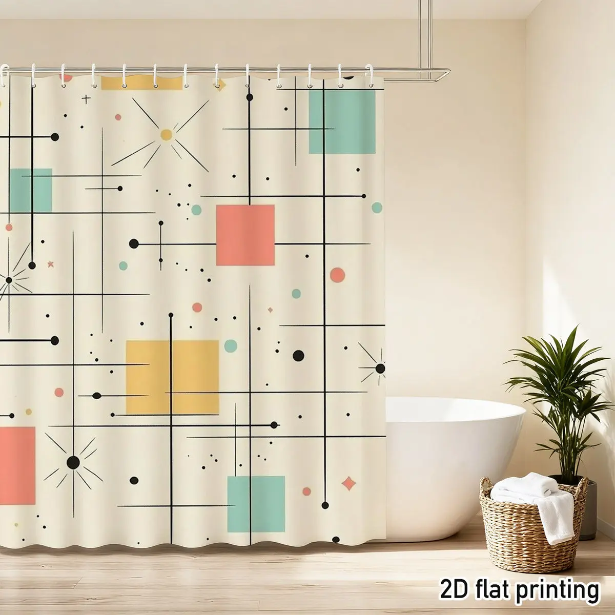 Mid-Century Modern Geometric Shower Curtain 1pc with 12 Hooks for Bathroom Home Decor Polyester 2D Flat Print 70.8x70.8 Inch