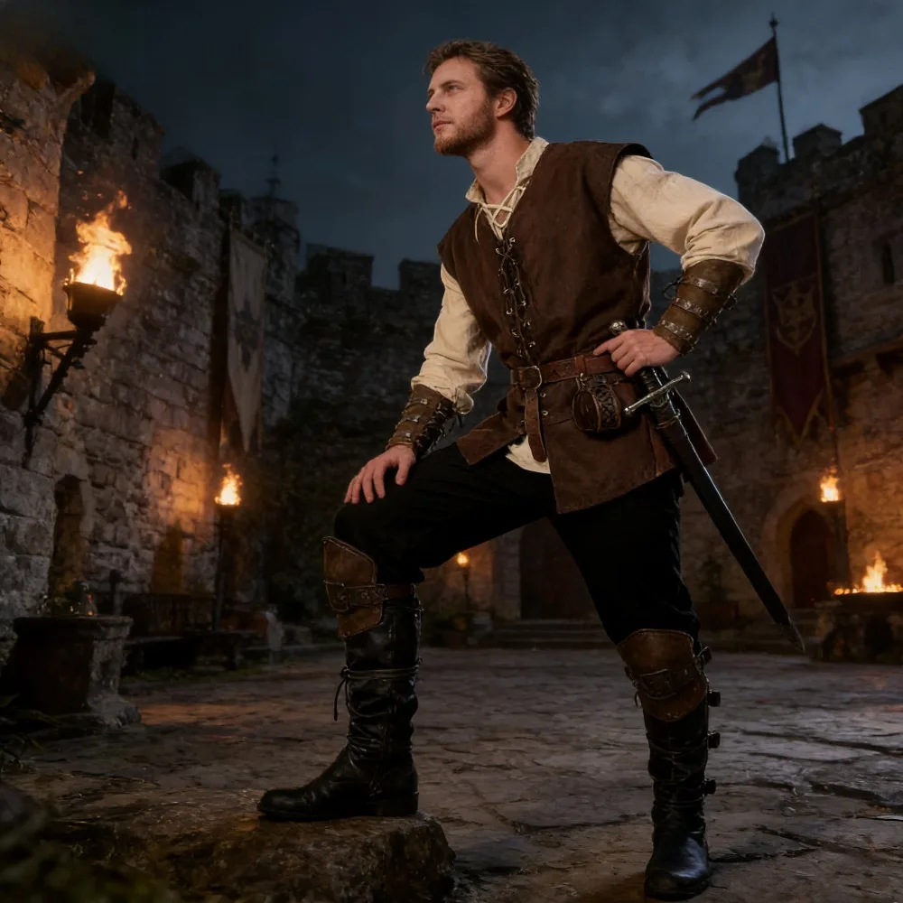 Conjunto de disfraz renacentista de Carnaval para hombre, chaleco Medieval, camisa, pantalones con banda en el tobillo, cinturón vikingo, bolsa para brazalete, 6 uds.