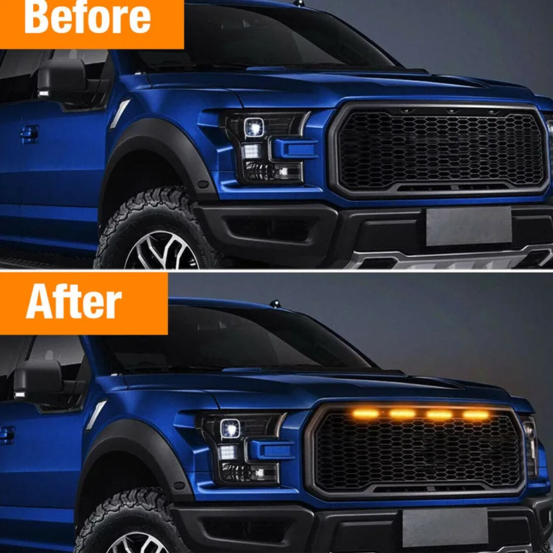 4Pcs Smoked Lens Amber Car Front LED Grille Light DRL With Wire Harness for Ford F150 F250 F350 Raptor Front Grille 12V
