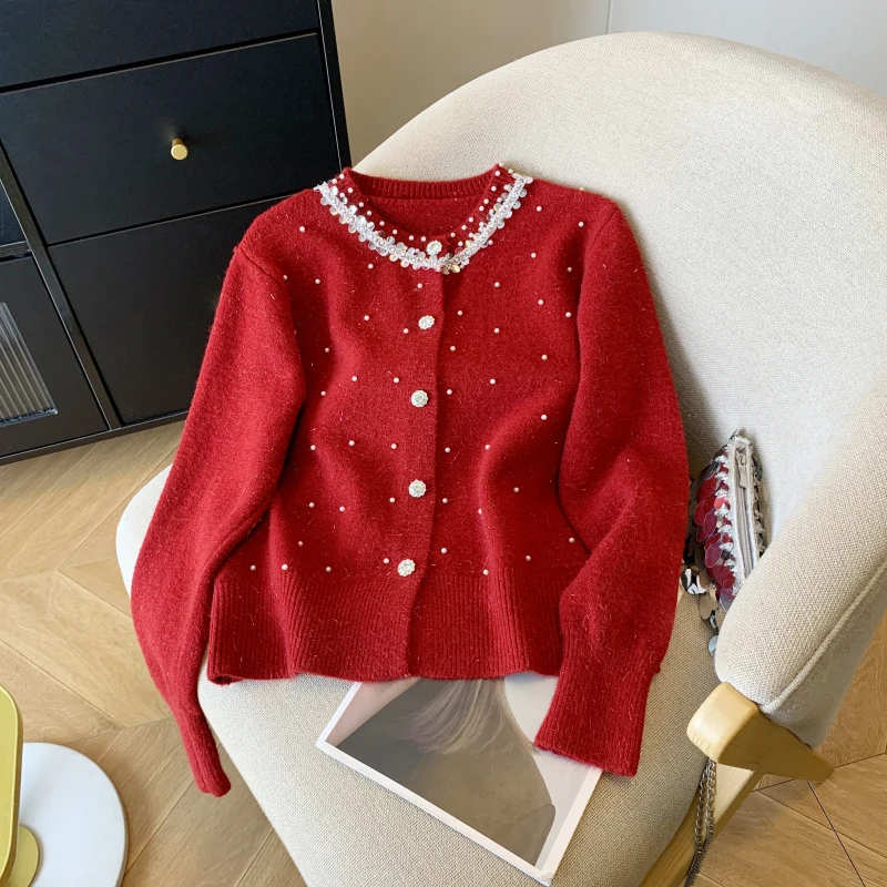 

2025, новинка, осень, зима, корейский, стиль, свитер, шикарный, сексуальный, с круглым вырезом, блестящий, бисер, женский, с длинным рукавом, вязаный, кардиган, пуговицы, топы 592601