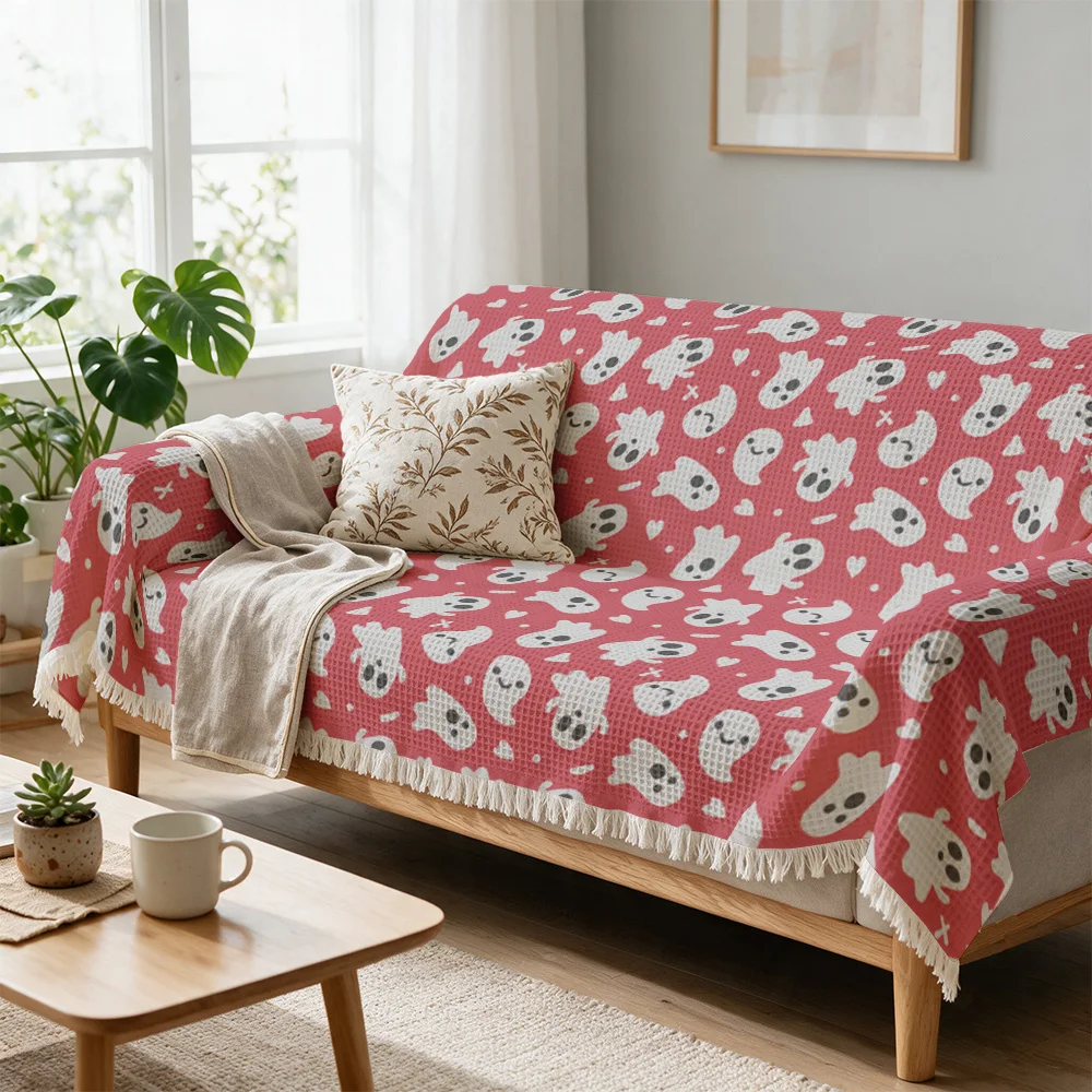 Cute Skull Pattern Throw Blanket for Sofa Couch Fall Halloween Decor Cozy Knit Throw Cover Decorative Seating Pillow Accessory