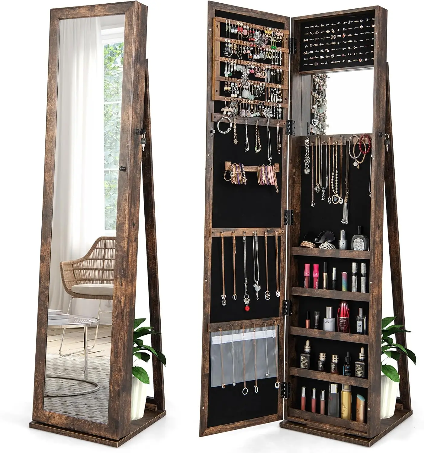 Standing Jewelry Cabinet,Large Capacity Jewelry Organizer with Full-Length Mirror & Rear Storage Shelves,for Women(Rustic Brown)