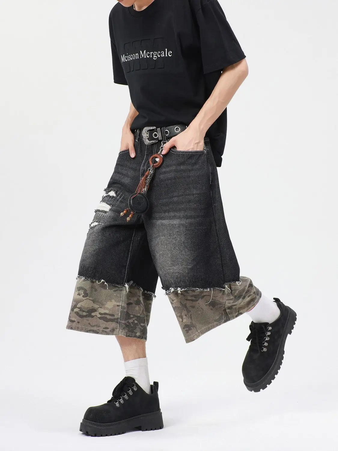 Black Camouflage Splicing Holes Old Retro Denim Seven-point Shorts Men's Loose Wide Legs Straight Casual