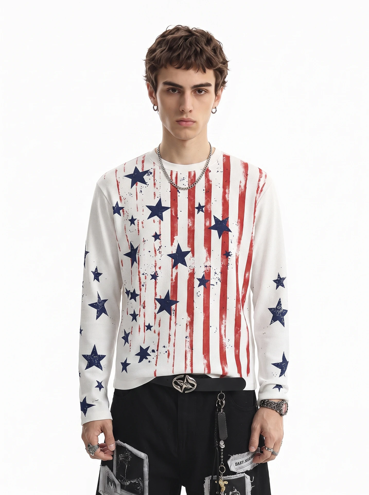 BETEBULE American High Street Star Stripe Print Long Sleeve T-Shirt Men's Autumn Subculture Wafer Short Wide Top