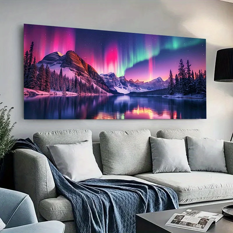 Frameless Modern Northern Lights Canvas Wall Art - Vibrant Aurora Borealis Landscape Painting with Snow-Capped Mountains & Pine