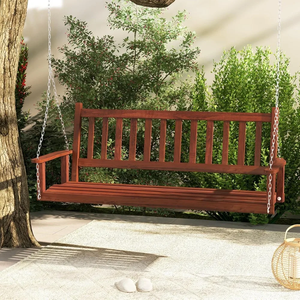 3 Person Wooden Porch Swing, Hanging Patio Swing with 2 Adjustable Galvanized Metal Chains, Back and Seating with Slats