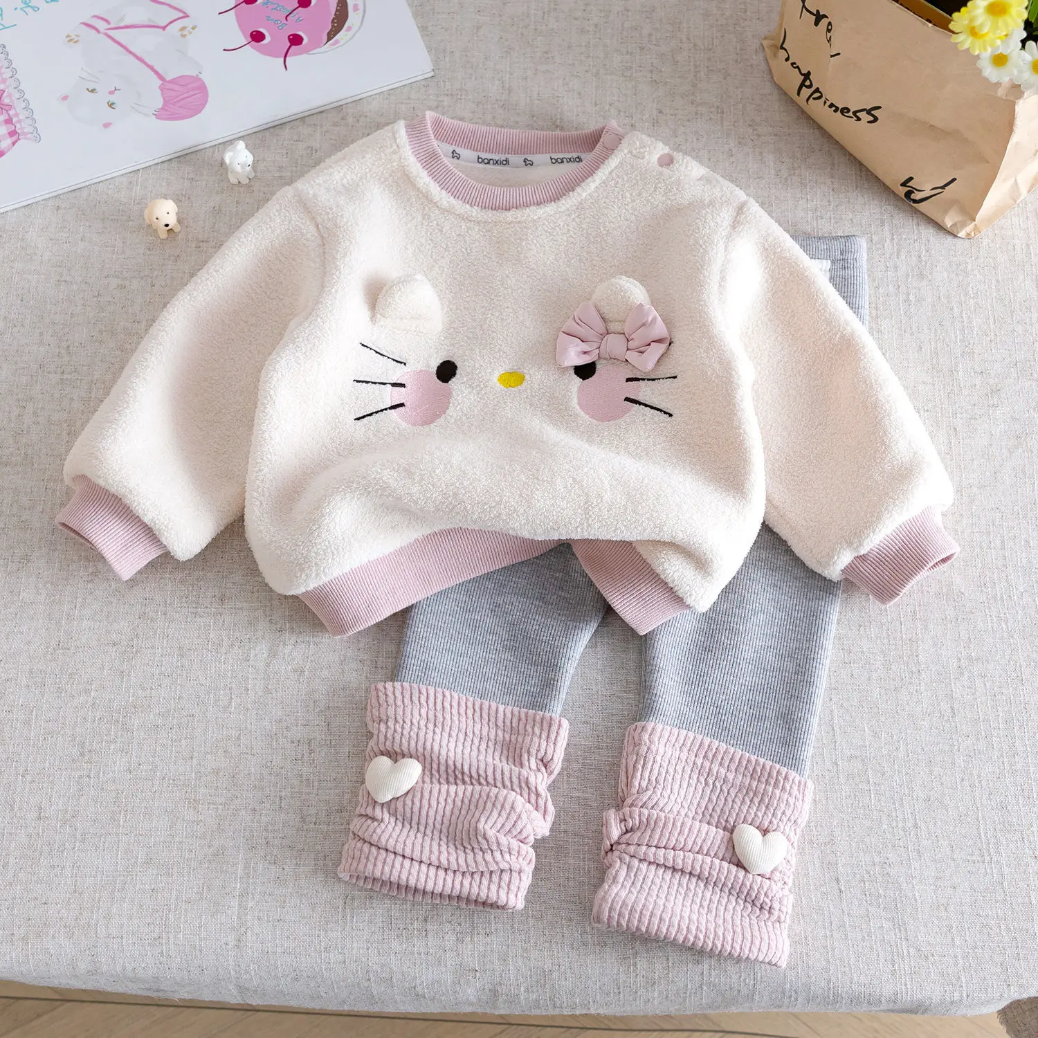 

Girls' Cartoon Cats Fleece 2Pcs Set Korean Style Contrast Color Long Sleeve Sweatshirt+Leggings Kids Autumn Sweet Warm Outfits