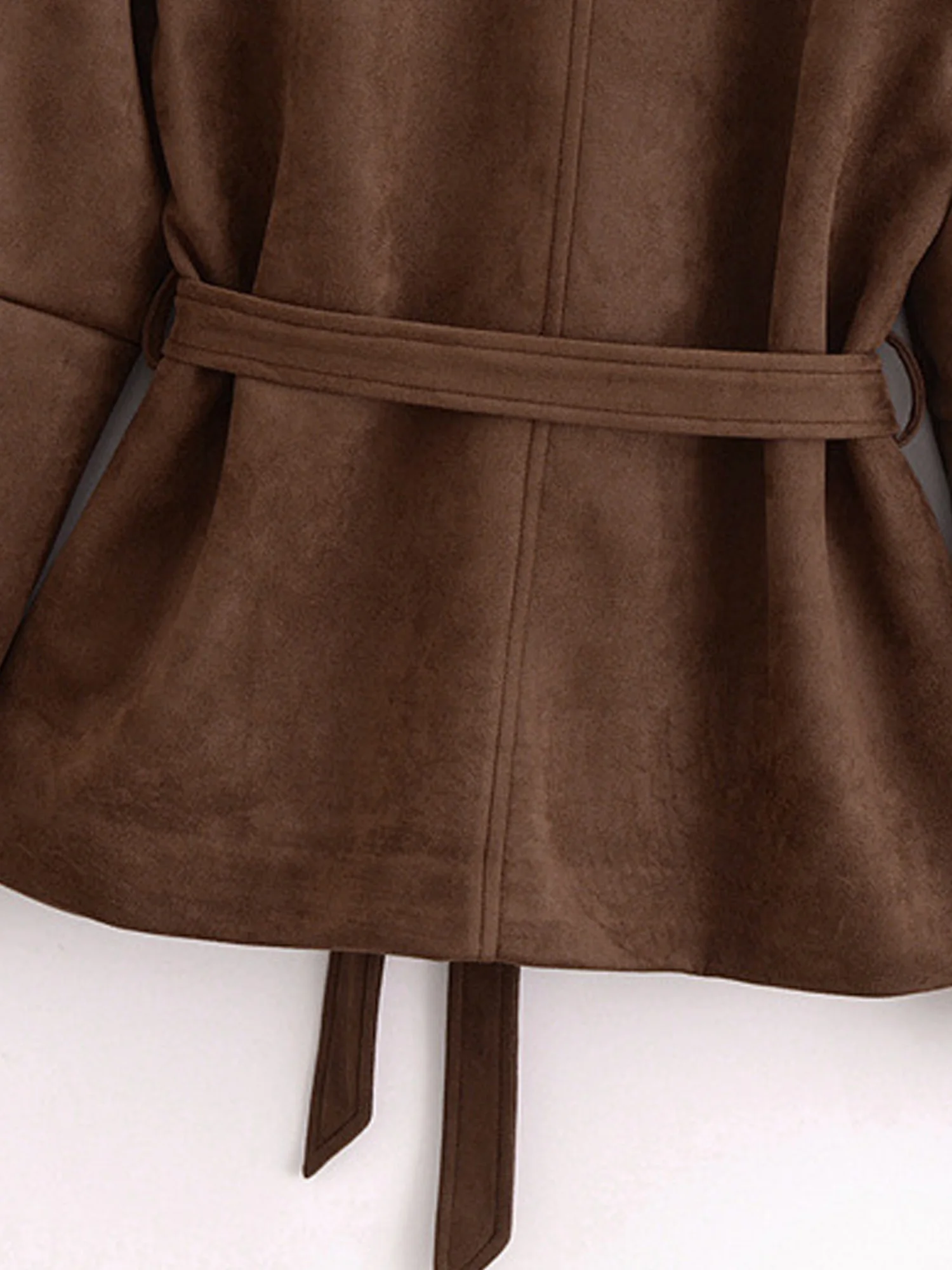 レディースレトロフェイクスエードジャケット、ベルト付き、ラペル、長袖、フロントボタンダウン、サイドポケット、ベルト付き、カジュアル、クロップドアウターコート