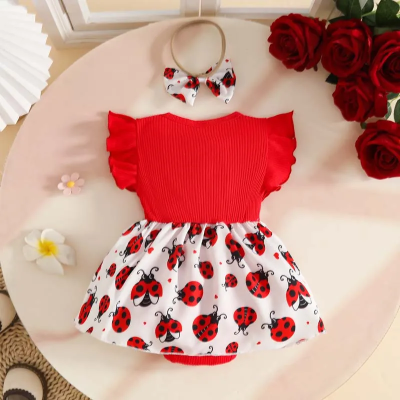 Summer 0-18 Months Outfits Baby Girl Clothing Ruffled Sleeves Ladybug Print Bodysuits With Headband Newborn Baby Clothes