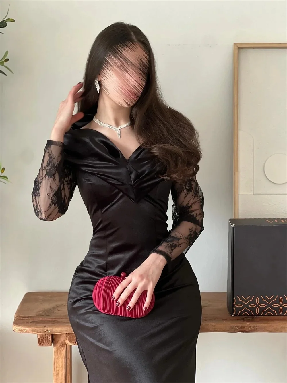 ชุดราตรีผ้าลูกไม้สีดำ แขนยาว ตัดเย็บตามสั่ง สำหรับโอกาสพิเศษ สไตล์เรโทร ยูนิเซ็กซ์ ผ้าเจอร์ซีย์ แบบดูไบ ซาอุดิอาระเบีย งานพรอม สั่งตัดได้